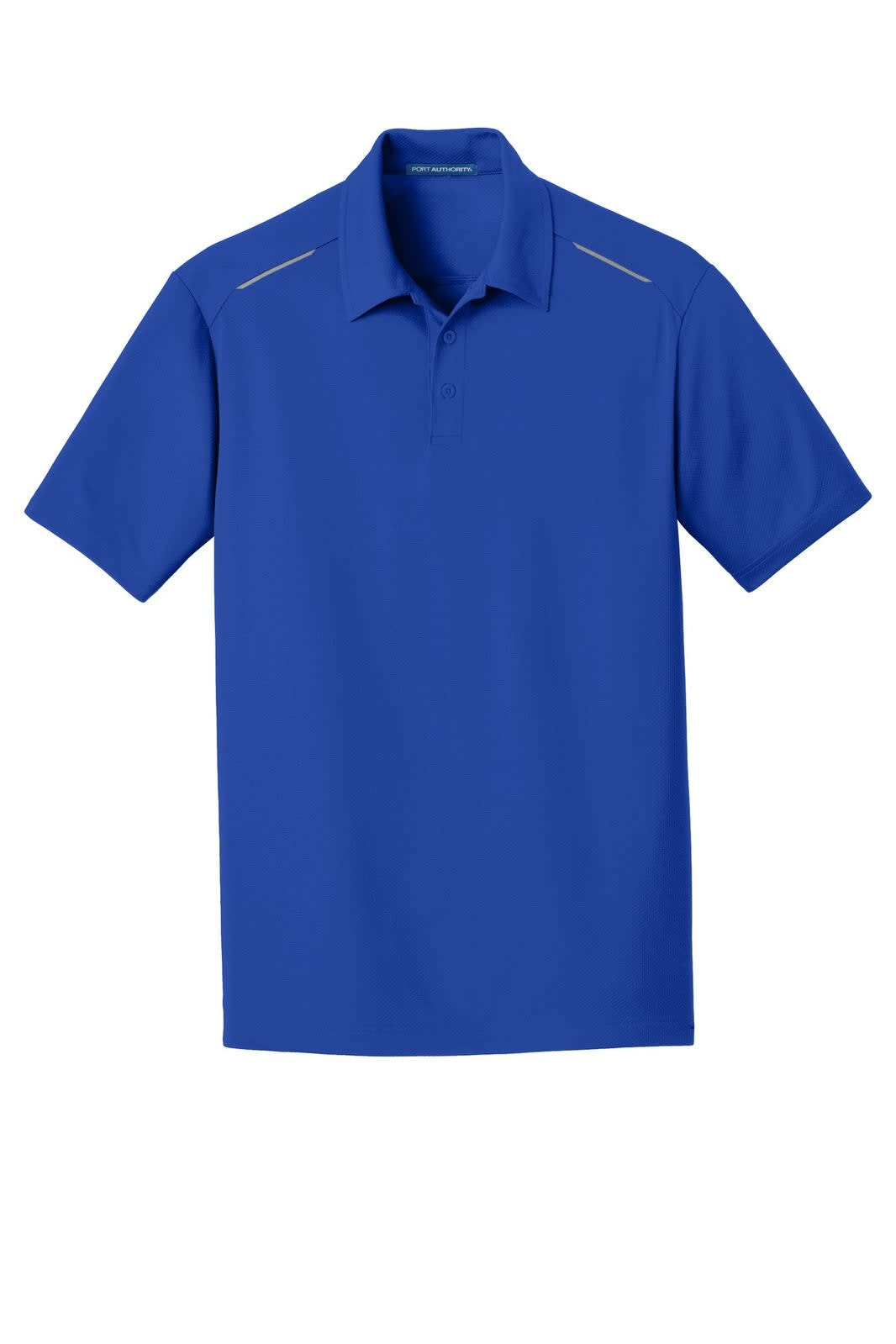 A blue polo shirt with a collar and short sleeves, featuring a logo on the chest.