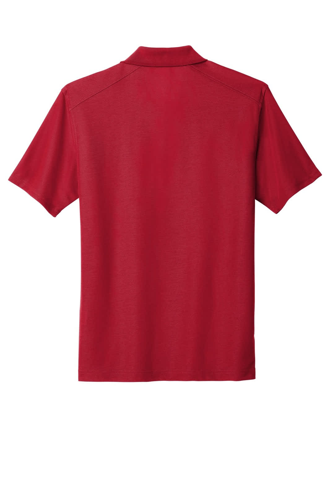 A red polo shirt with a collar and short sleeves, featuring a logo on the back.