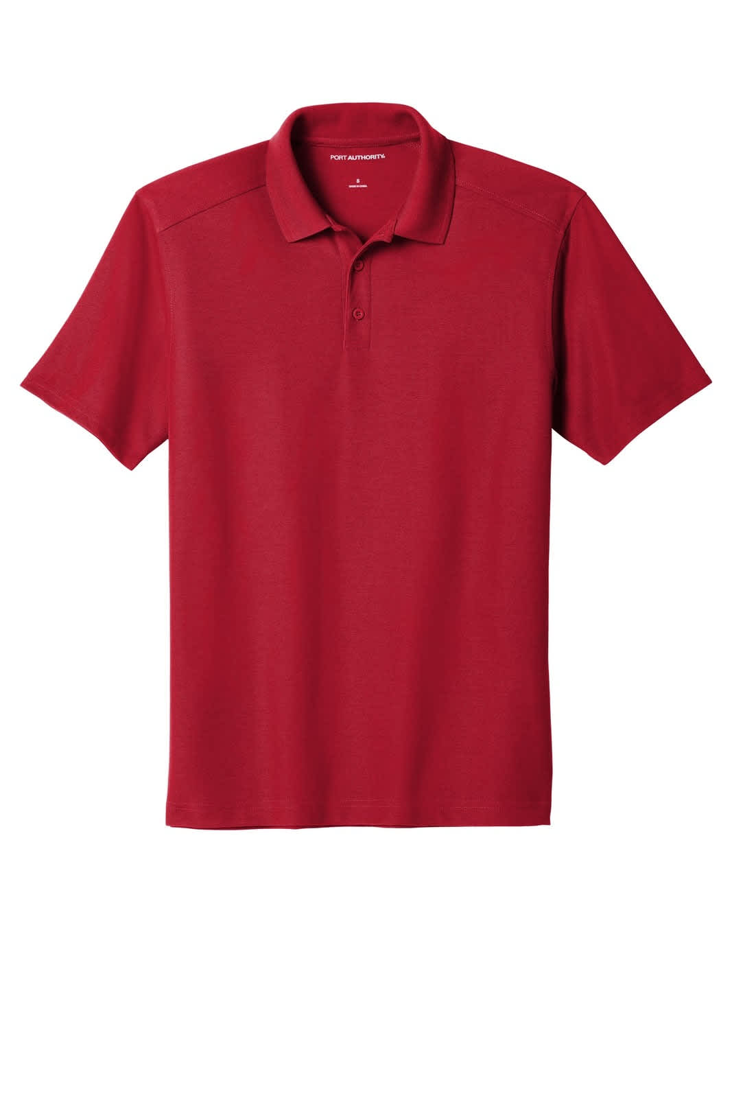 A red polo shirt with a collar, featuring a logo on the chest. Made of performance fabric.
