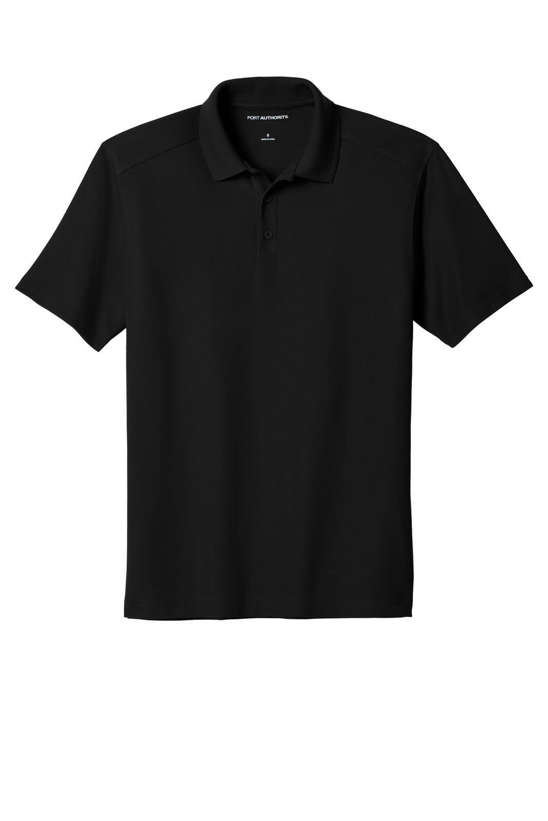 A black polo shirt with a collar and short sleeves, featuring a small logo on the chest.