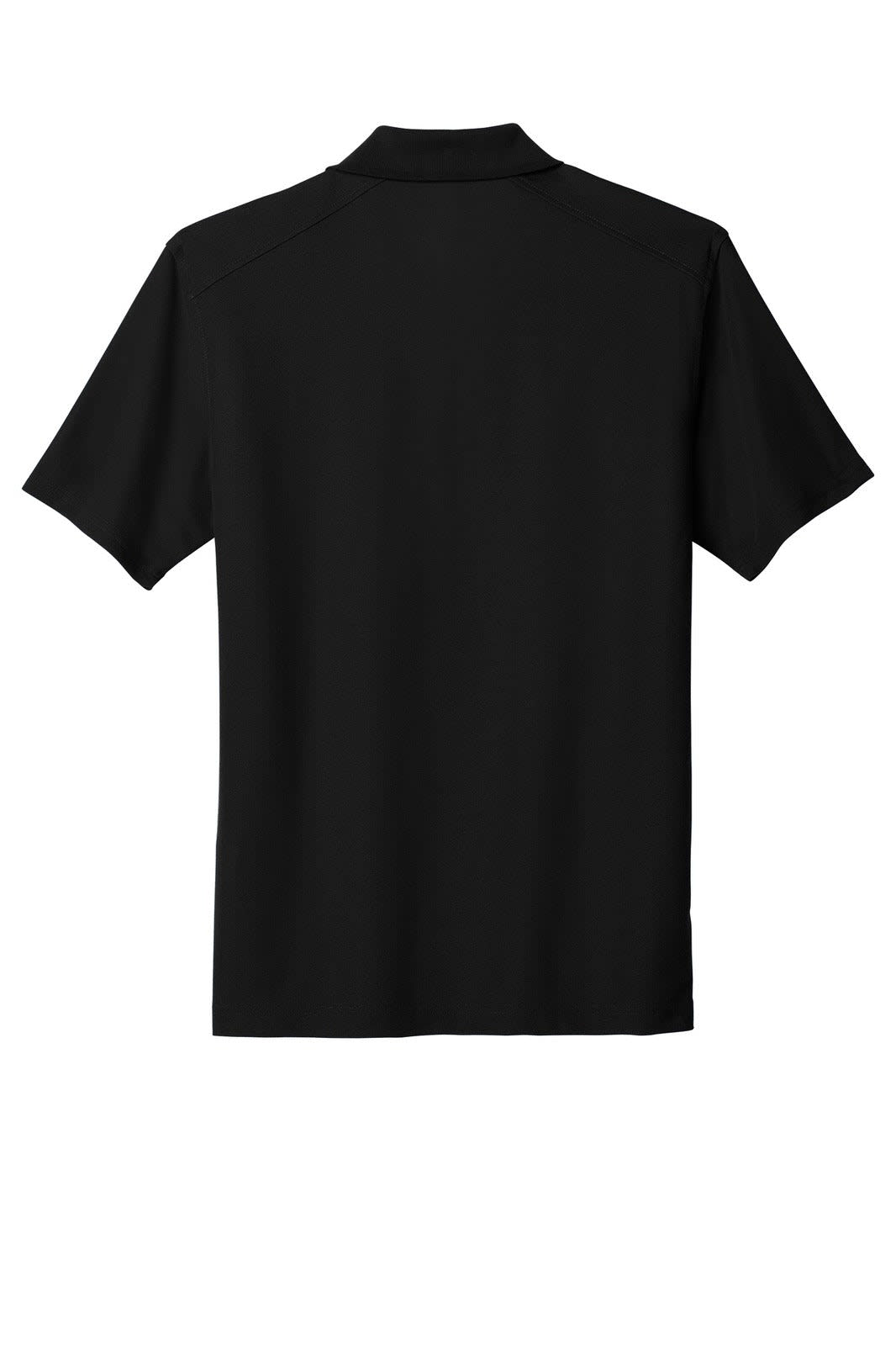 A black polo shirt with a collar and short sleeves, featuring a logo on the back.