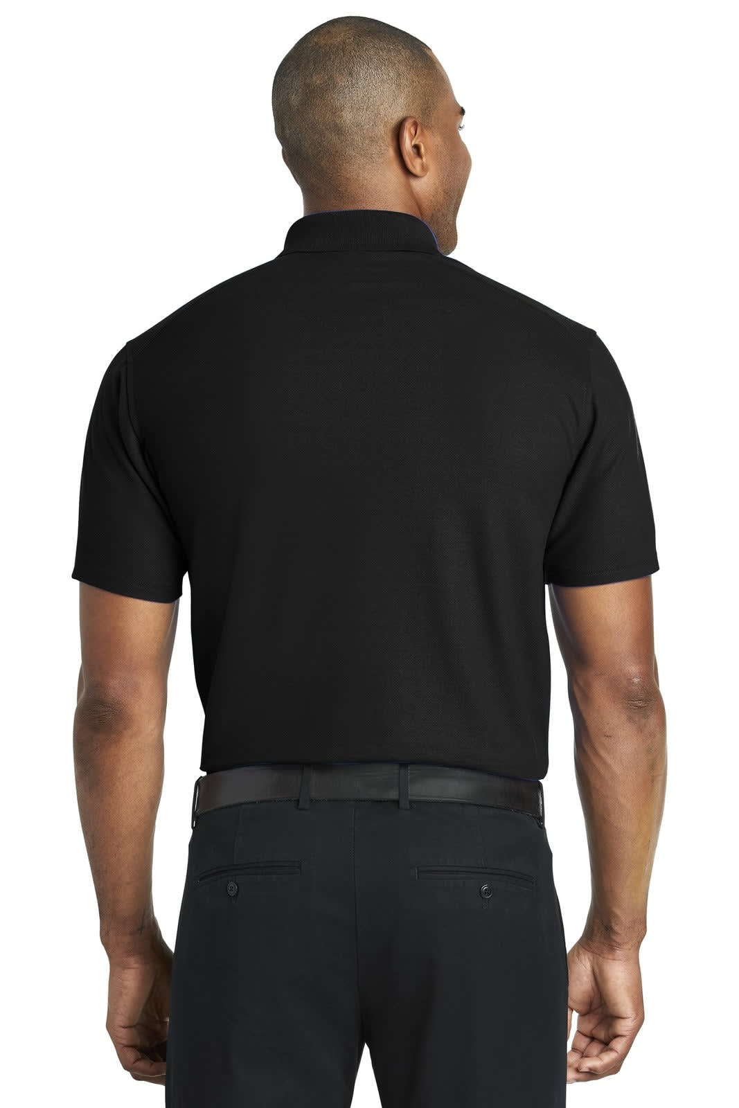 A black Port Authority EZPerformance Pique Polo shirt viewed from the back, featuring a simple design and a logo.