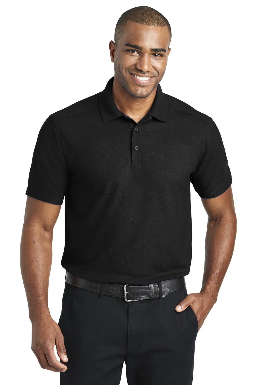 A man wearing a short-sleeved black polo shirt with a collar, featuring a logo on the chest.