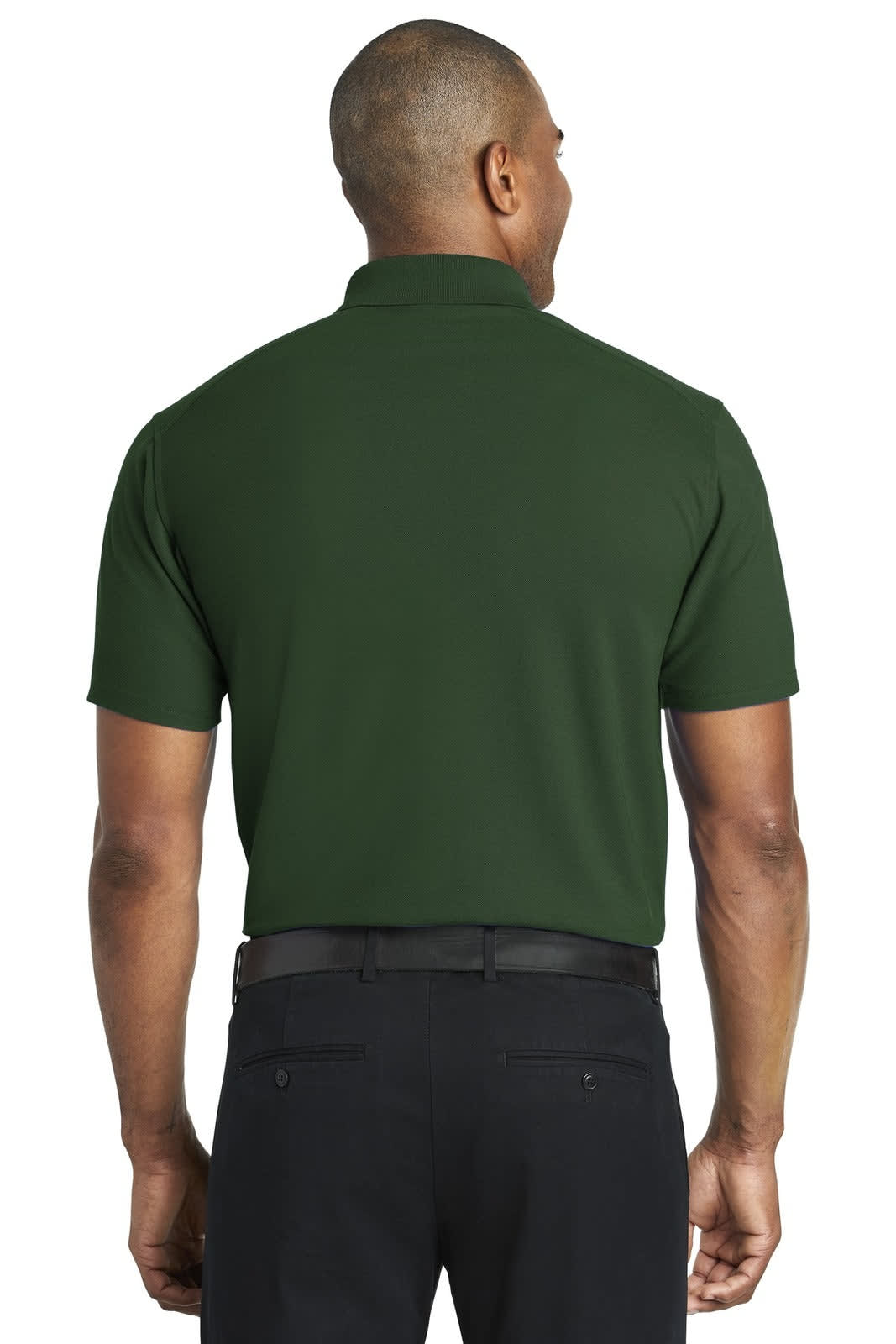 A green polo shirt with a collar, seen from the back, with a branding logo on the upper side.