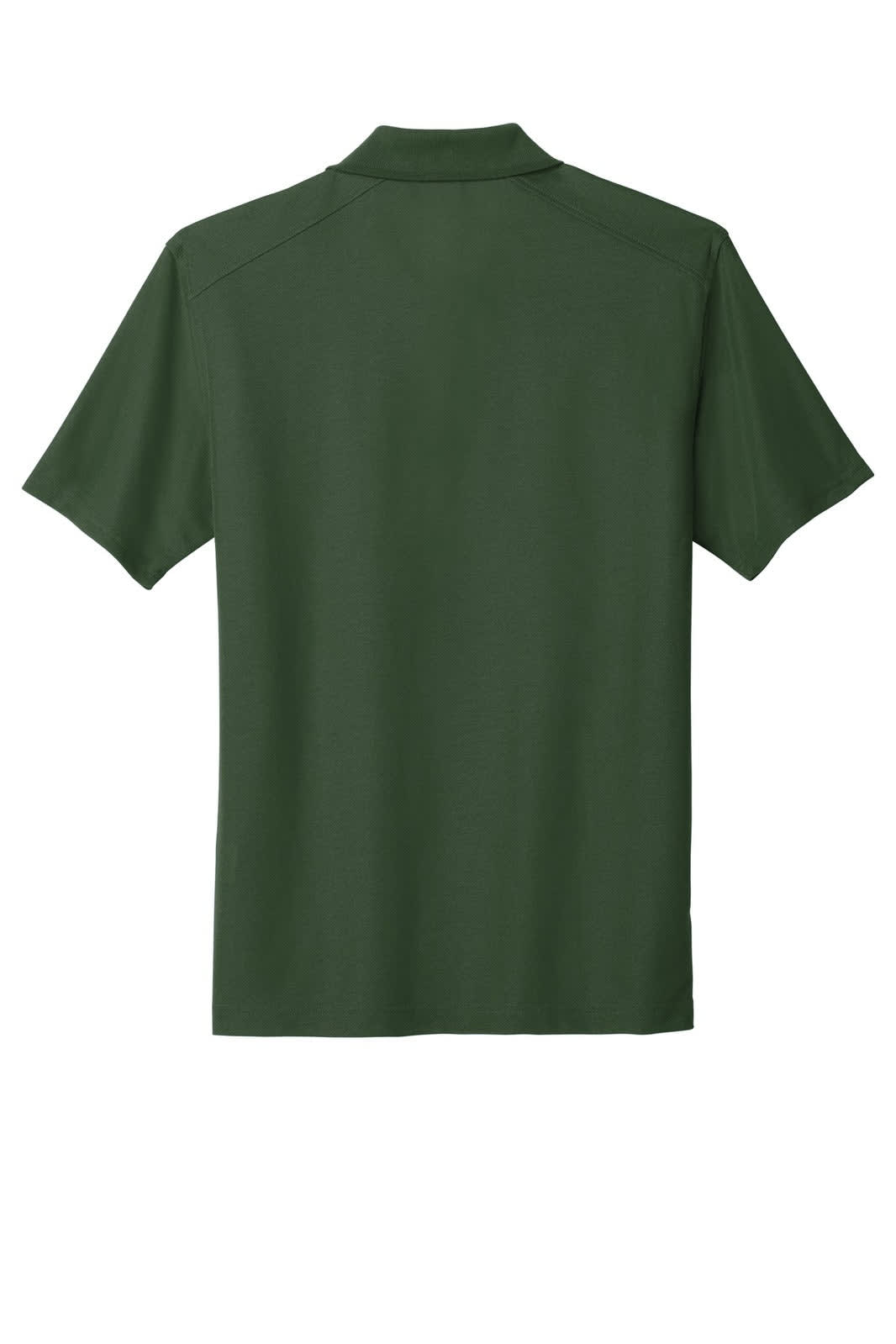 A green polo shirt with short sleeves and a collar, featuring a logo on the back.