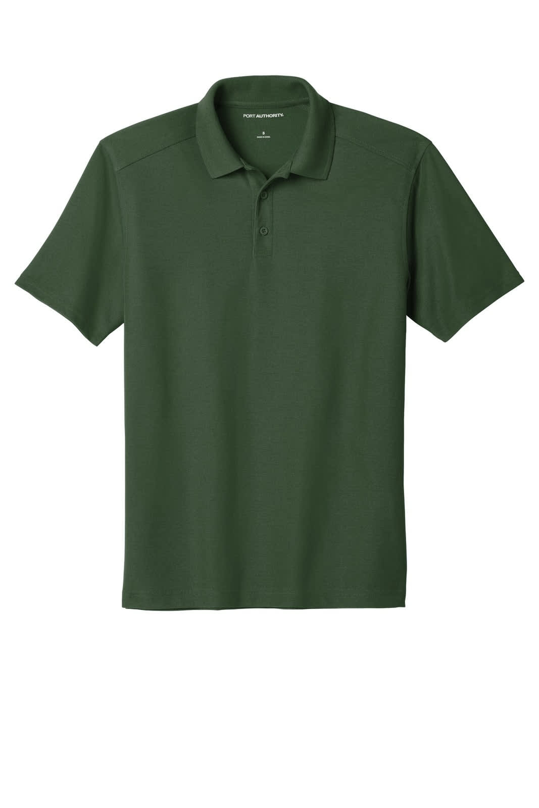 A dark green polo shirt with a collar and a logo. Short sleeves and a classic fit design.