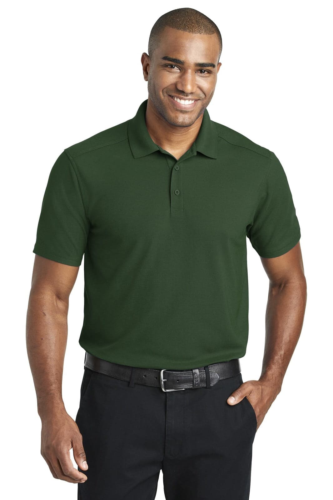 A green polo shirt with a collar, featuring short sleeves and a subtle logo. Worn by a man smiling in a casual pose.