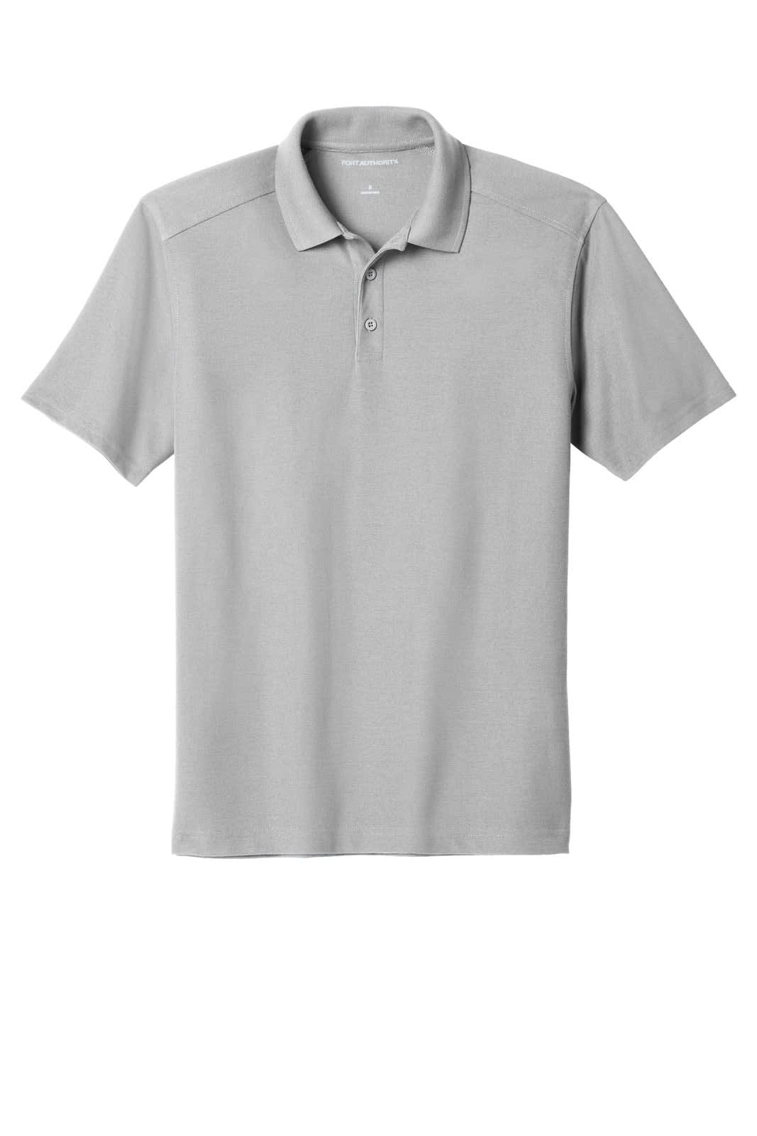 A light grey polo shirt featuring a collar, button placket, and a logo. Suitable for casual wear.
