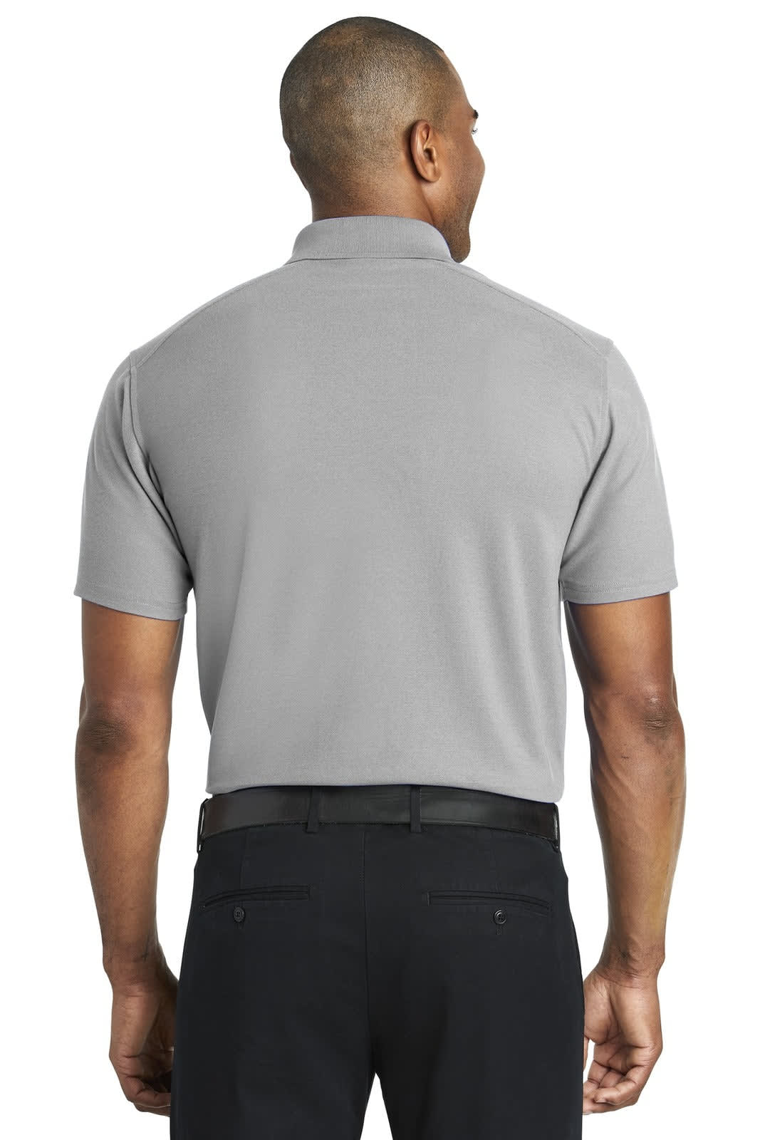 A grey polo shirt with short sleeves, presented from the back, featuring a collar and a logo.