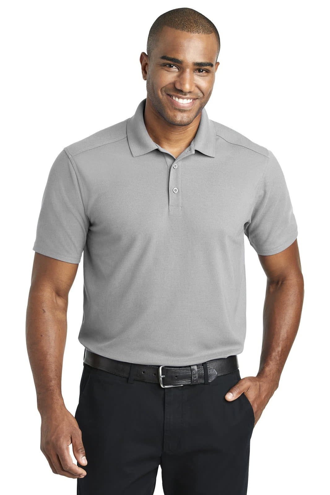 A grey polo shirt with short sleeves, featuring a collar and a branding logo. Suitable for casual or smart-casual wear.