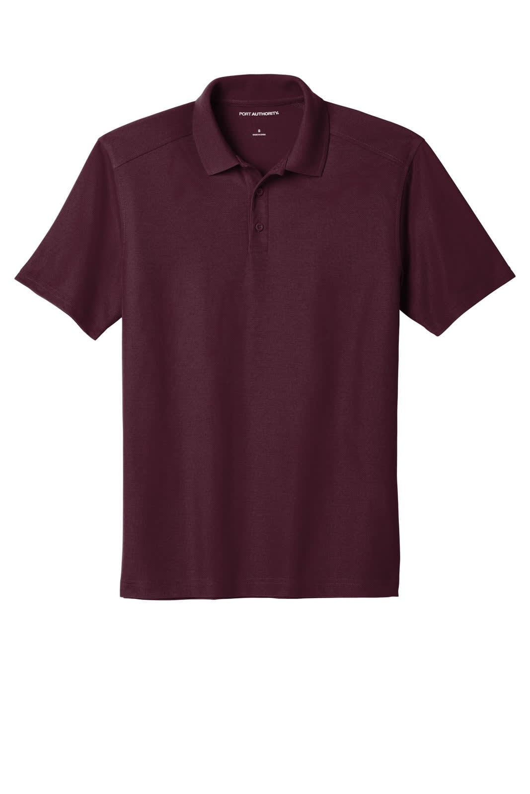 A maroon Port Authority EZPerformance Pique Polo shirt featuring a collar and a logo.
