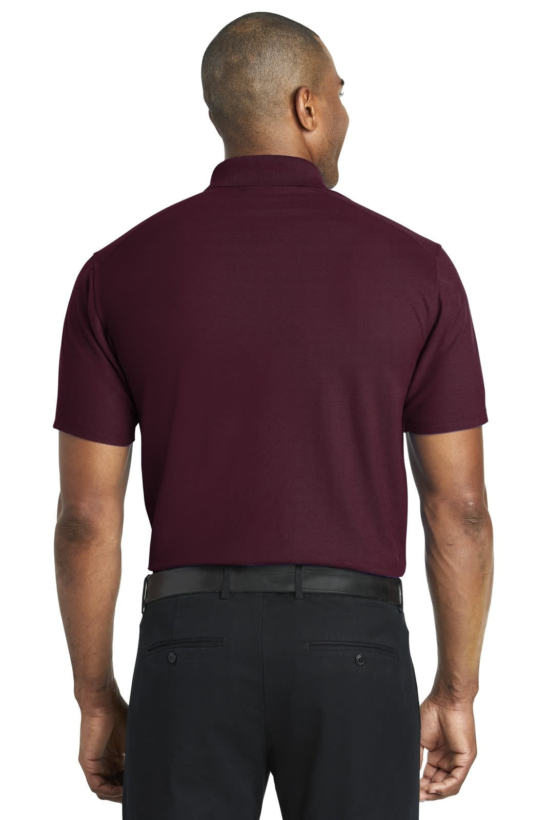A burgundy polo shirt with a short collar, displayed from the back, featuring a logo on the upper back.