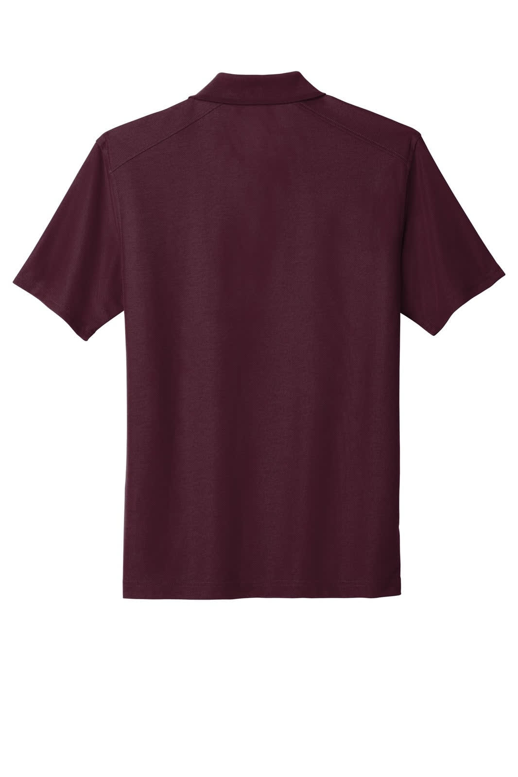 A maroon polo shirt featuring a collar and short sleeves, with a logo on the back.