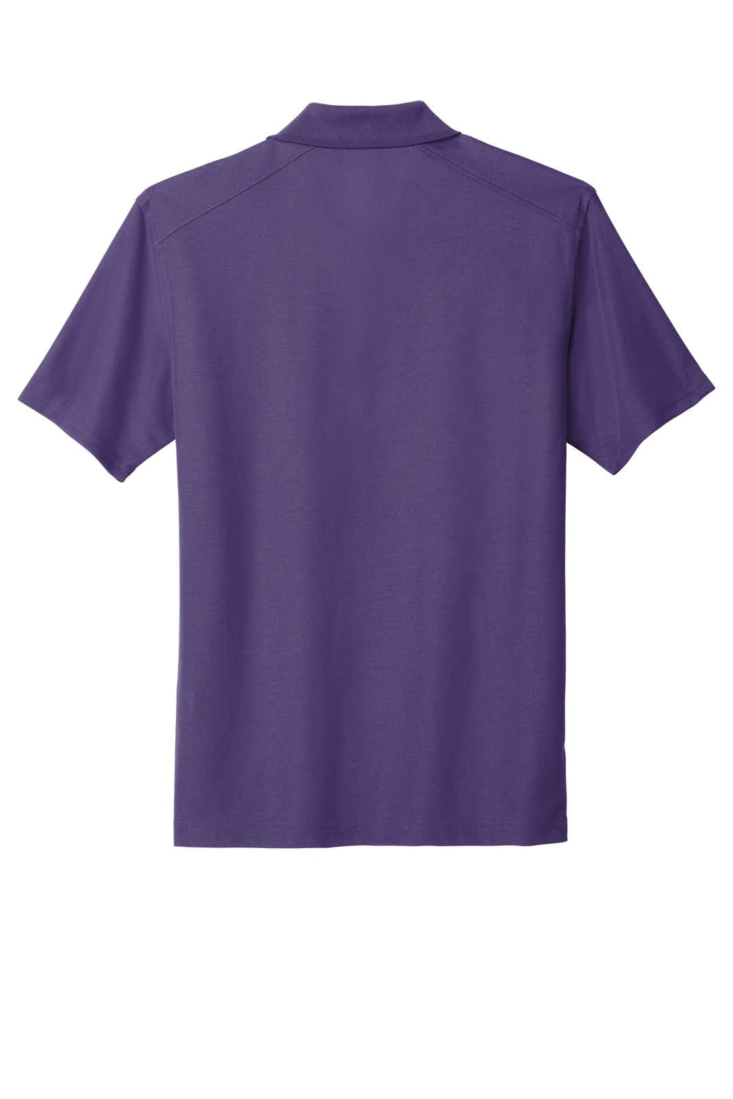 A purple polo shirt with a collar and short sleeves, featuring branding on the back.