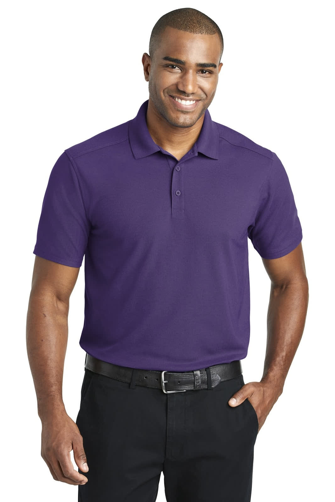 A purple polo shirt with a collar and short sleeves, featuring a logo and worn with black trousers.