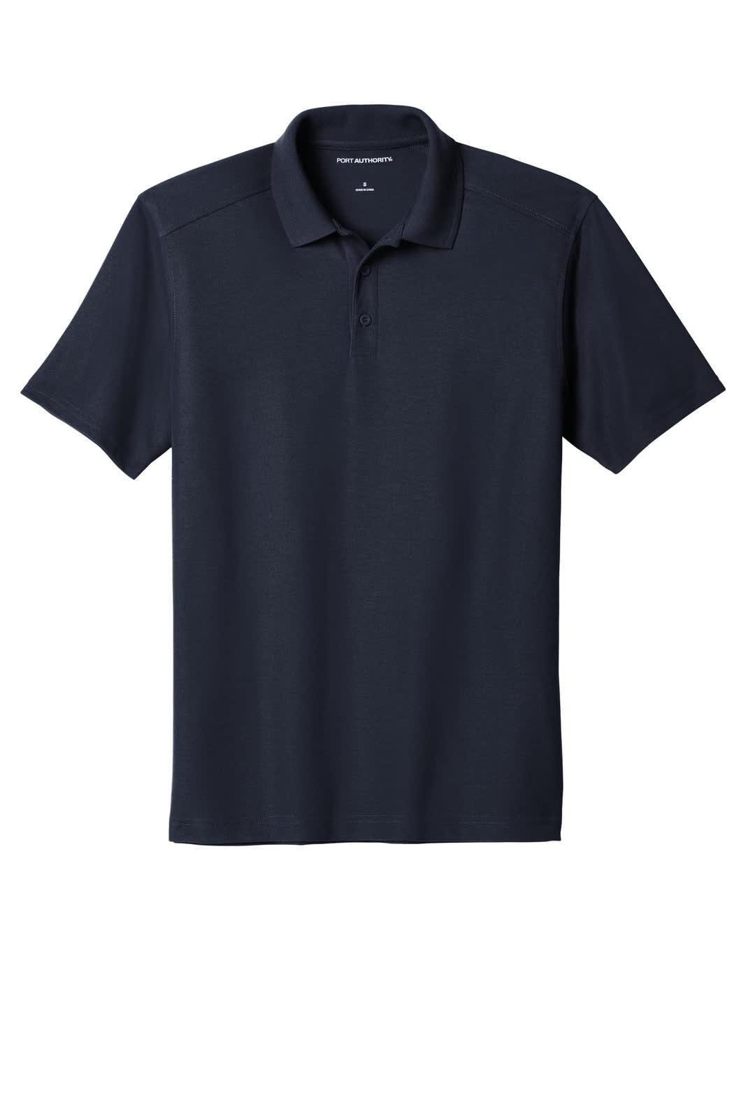 A navy blue polo shirt with a collar and a logo on the chest. Simple, classic design.