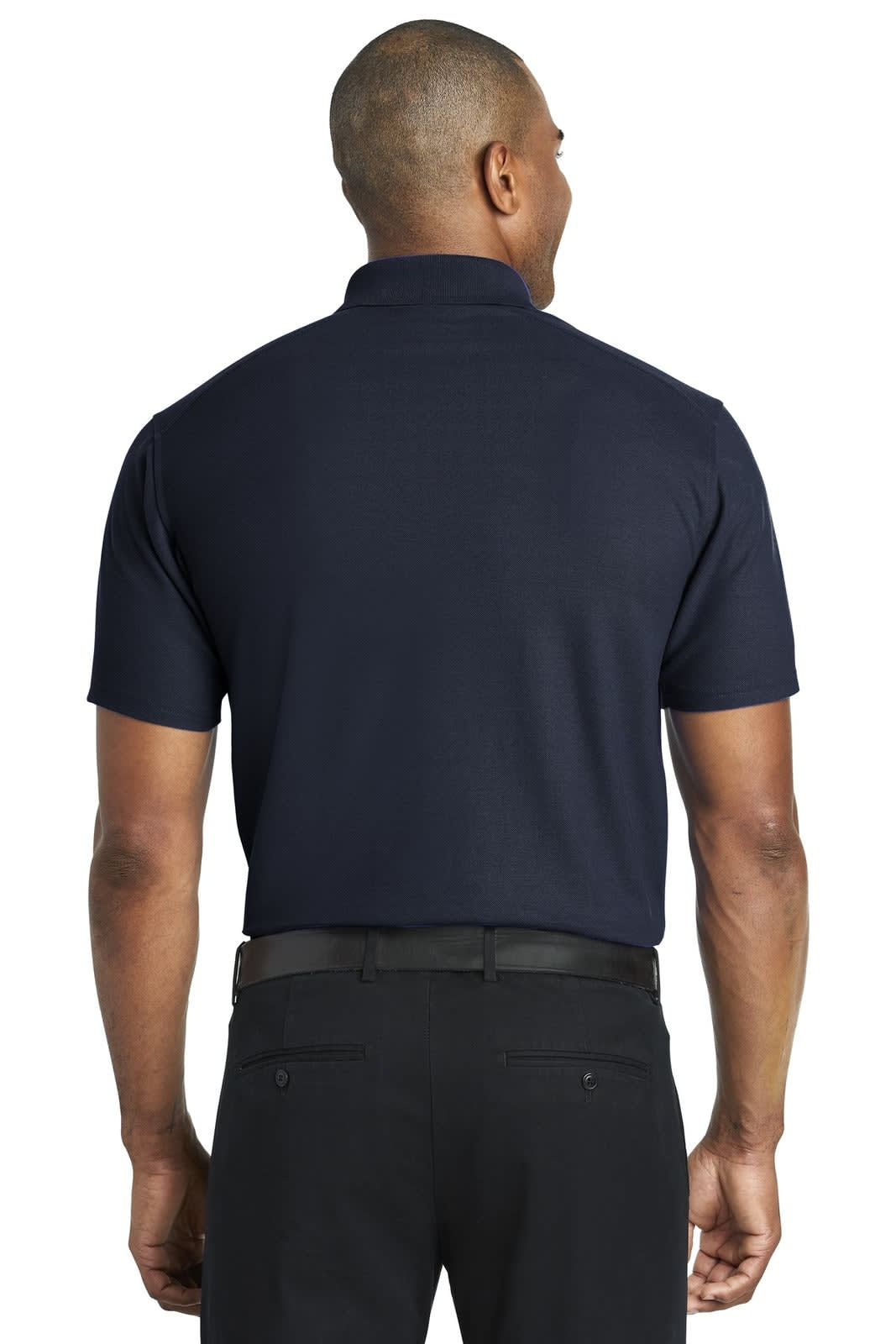 A navy blue polo shirt featuring a classic design, displayed from the back with a logo present.