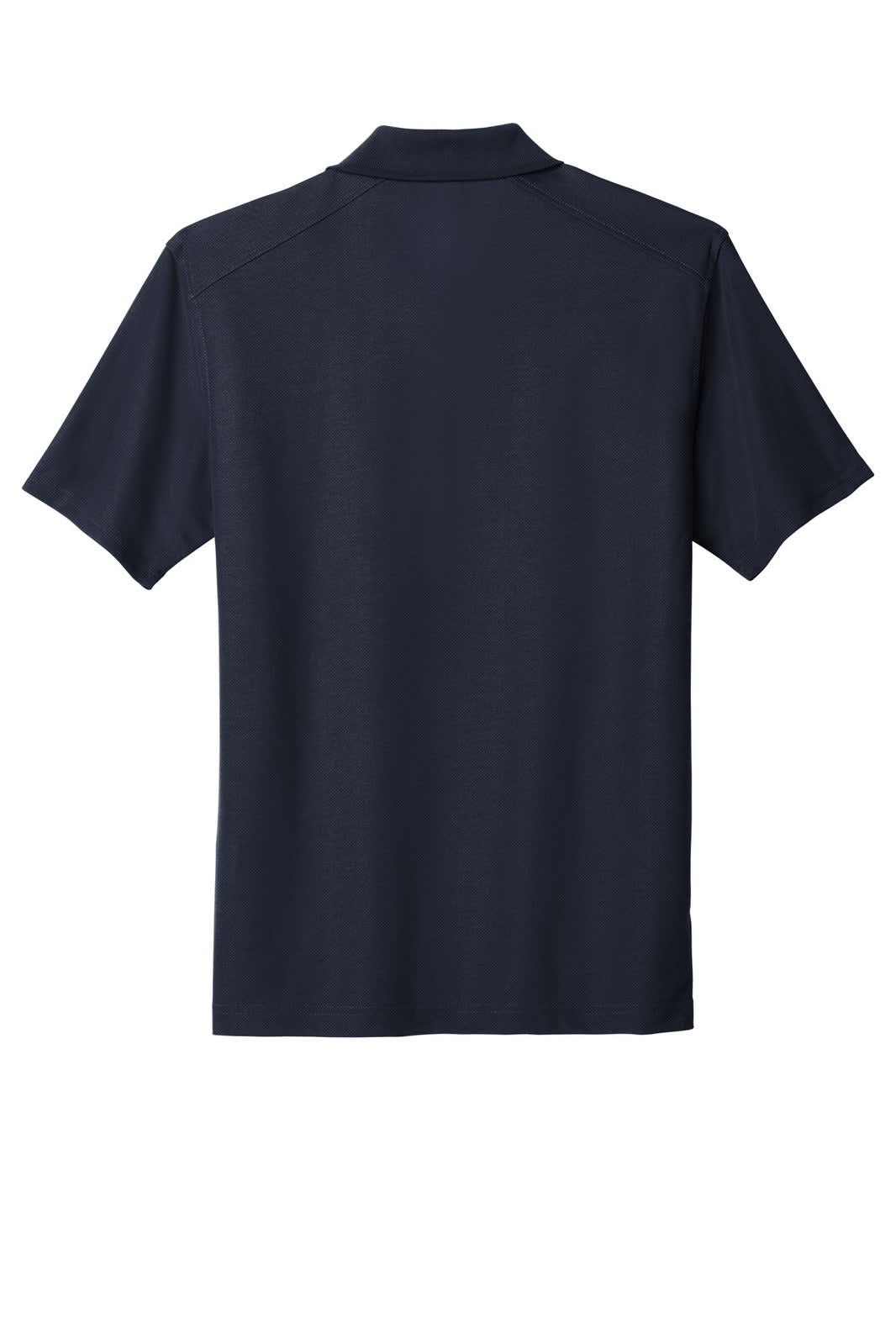 A navy blue polo shirt with a collar and short sleeves, featuring a logo on the back.