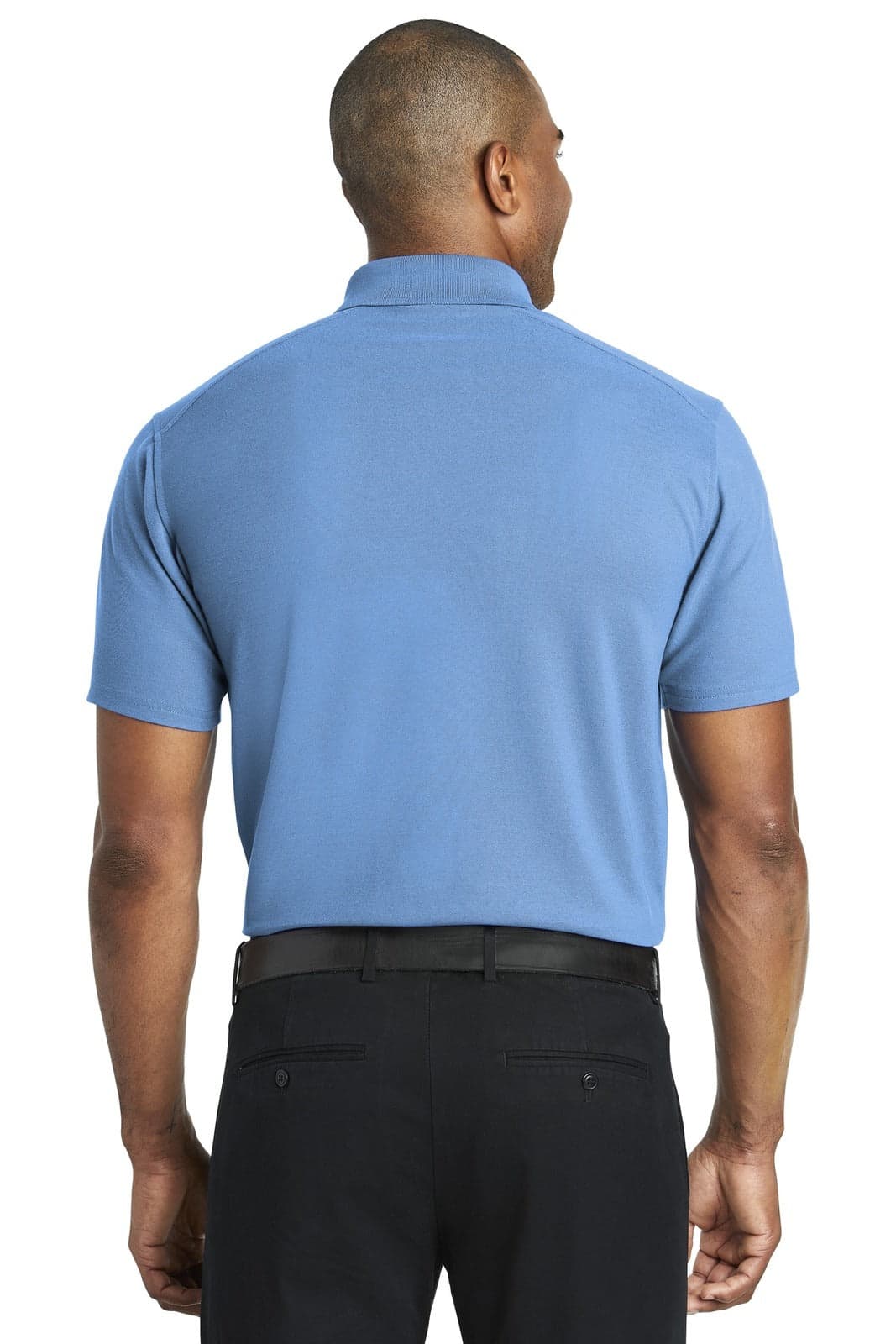 A blue polo shirt with a collar and short sleeves, viewed from the back, featuring a logo.