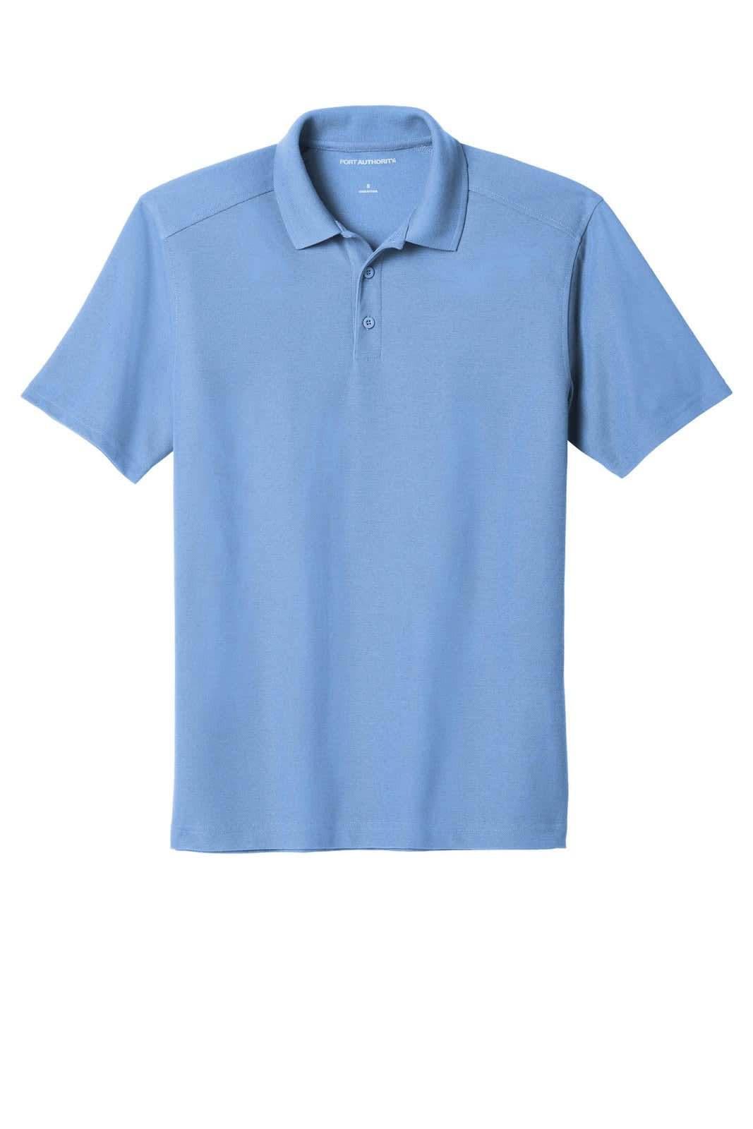 A light blue polo shirt with a collar and three buttons, featuring a logo on the chest.