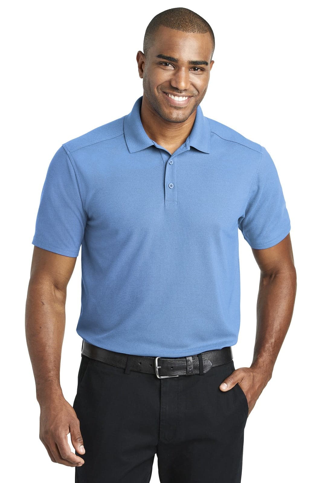 A short-sleeved blue polo shirt is worn by a smiling man, with a logo visible on the shirt.