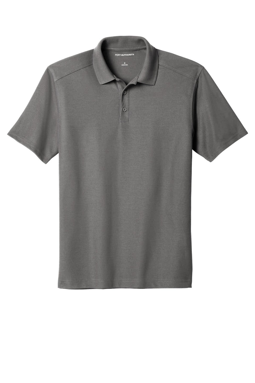 A grey polo shirt featuring a classic collar and a subtle logo. Made from performance fabric for comfort.