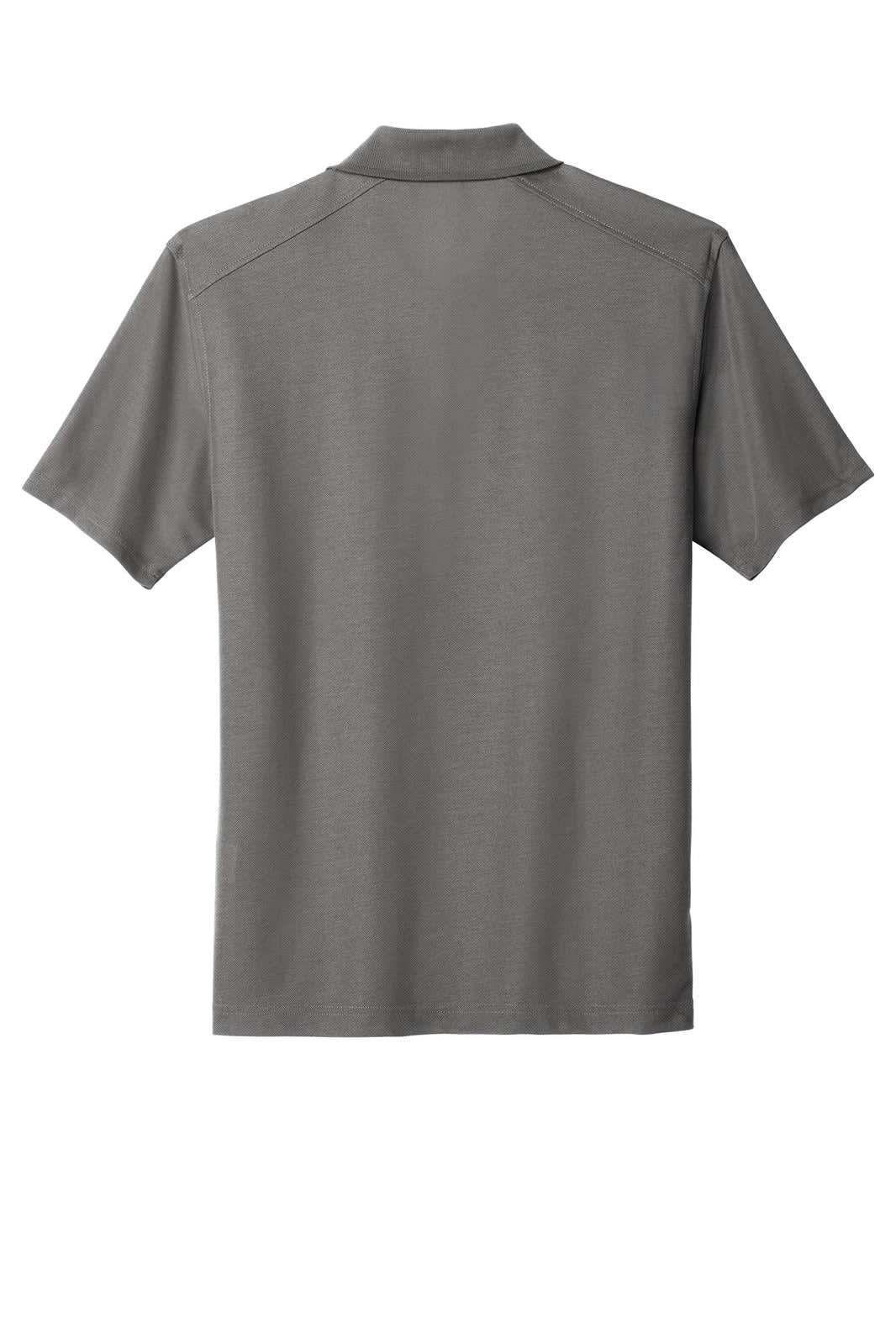 A grey Port Authority EZPerformance Pique Polo shirt with a collared design and branding on the back.