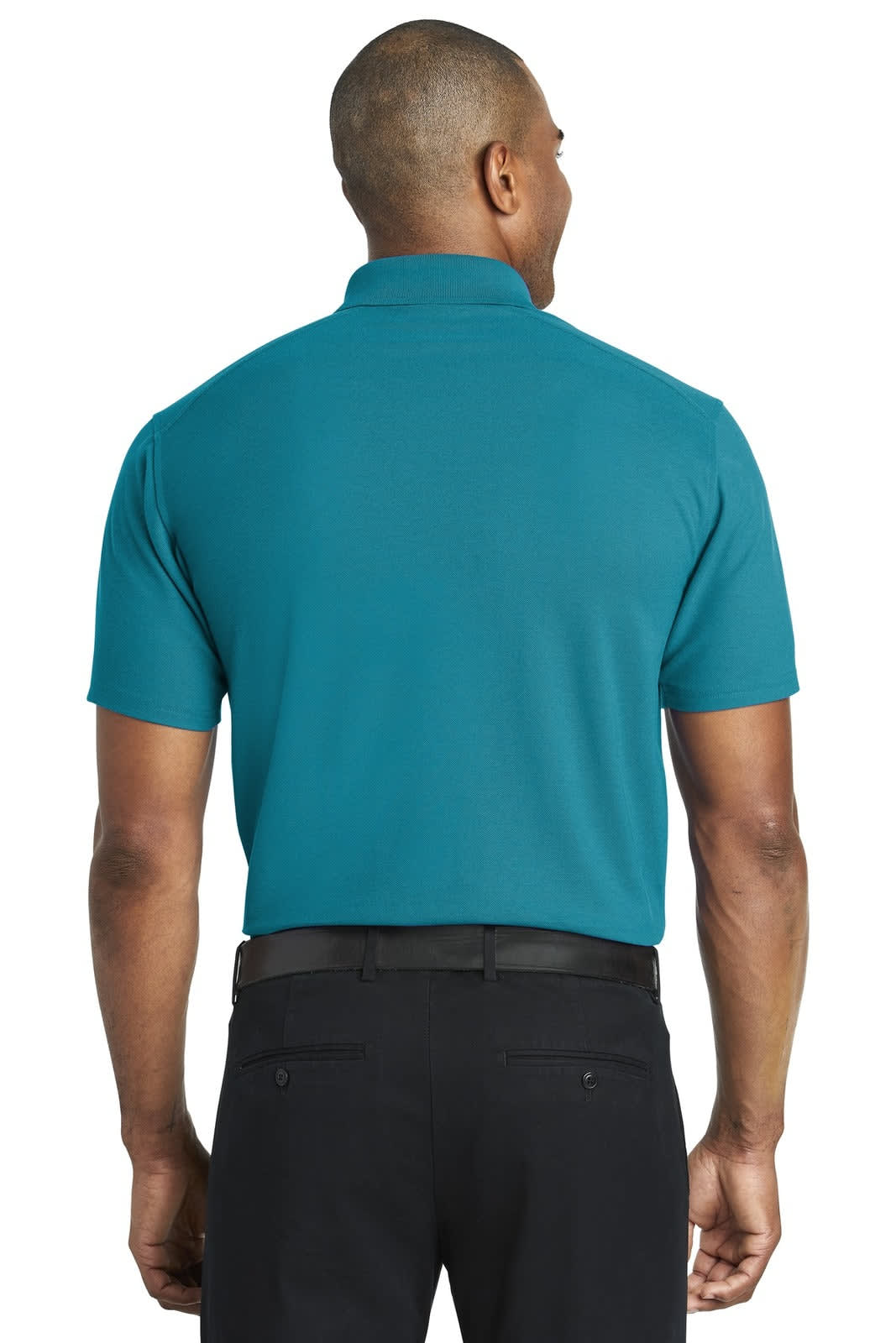 A teal polo shirt with a collar and short sleeves, featuring a logo on the back, worn with black trousers.