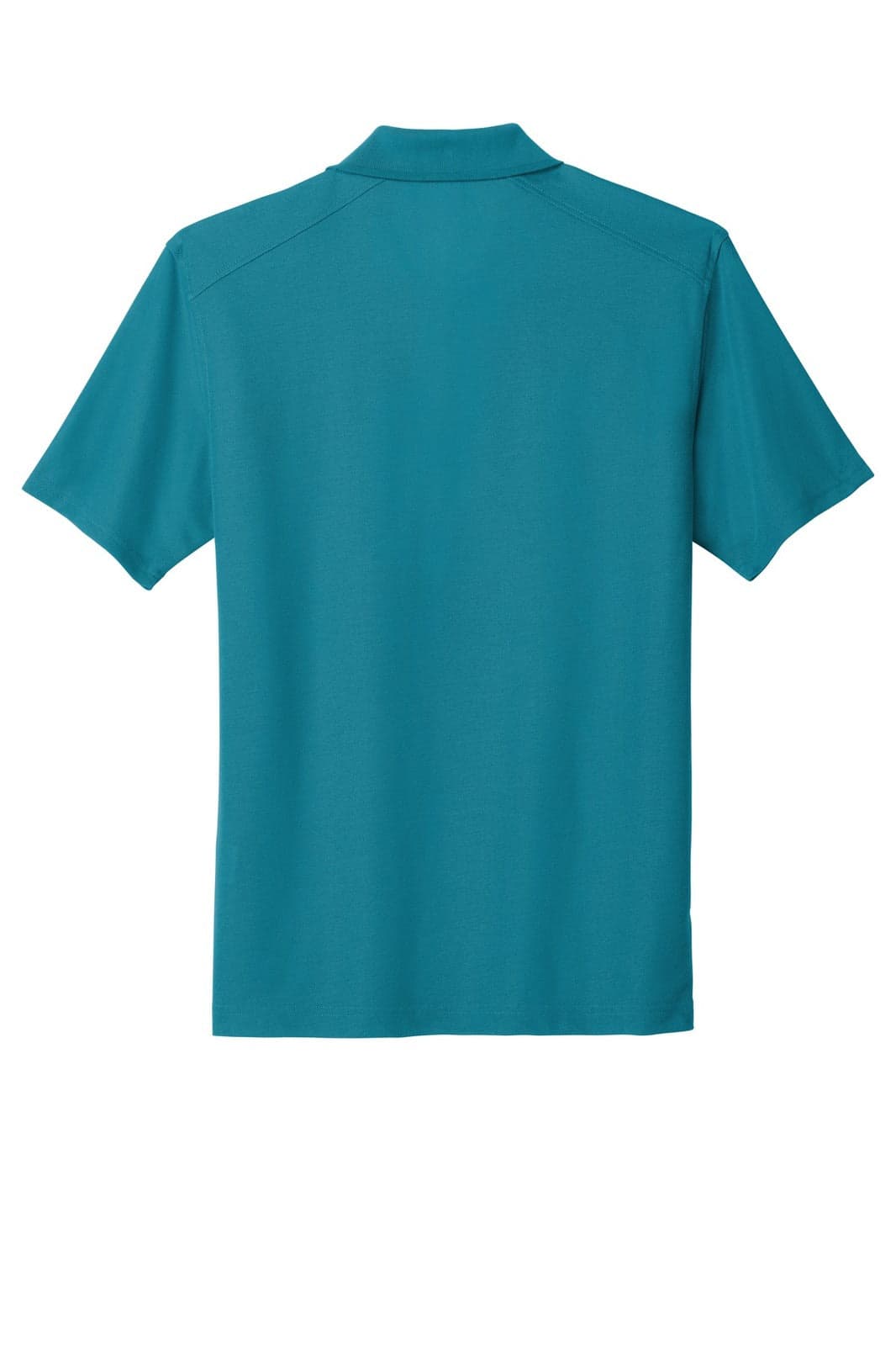 A teal polo shirt with short sleeves and a collar, featuring a branding logo on the back.