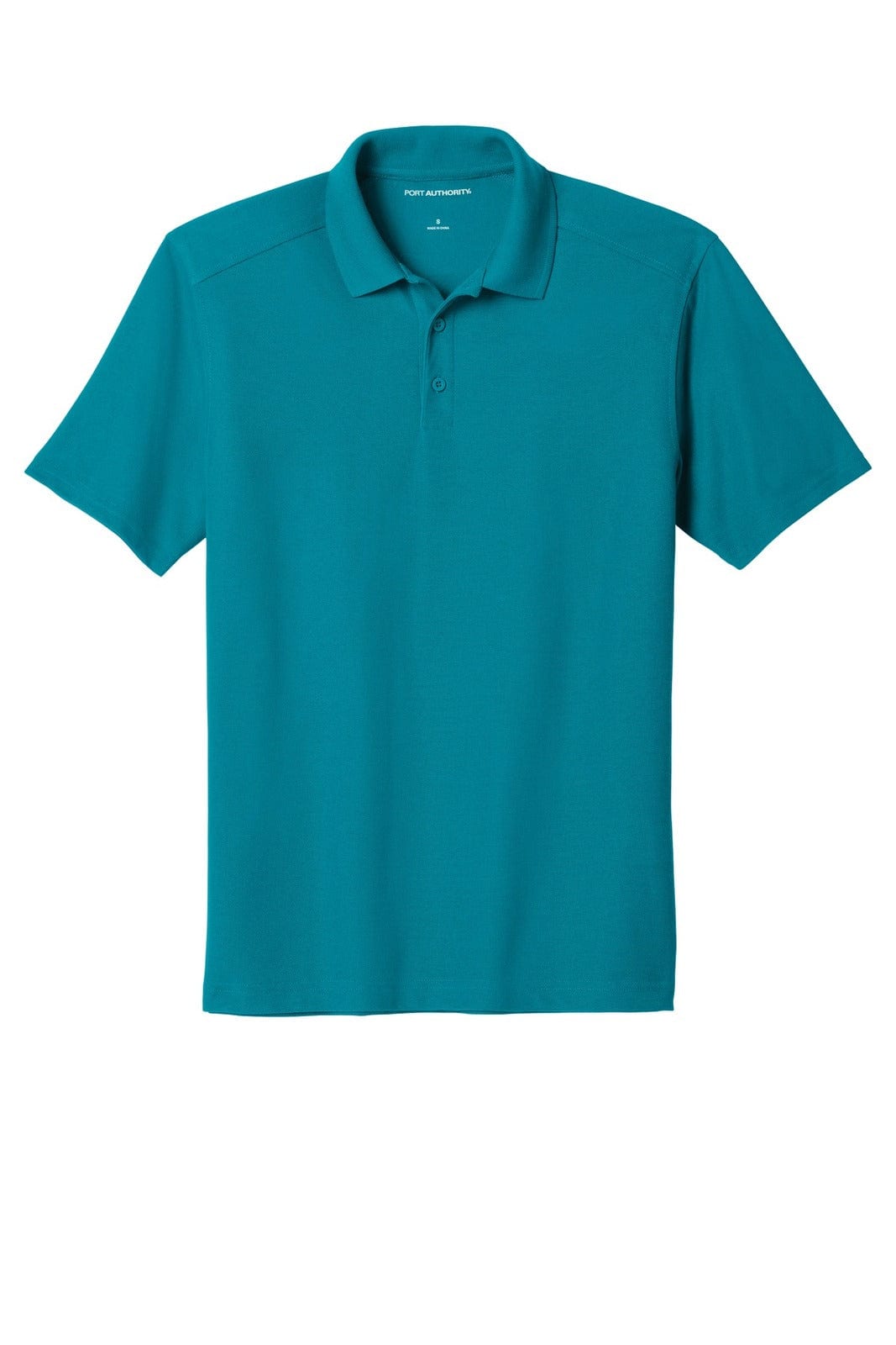Turquoise polo shirt with a collar and three-button placket, featuring a logo on the chest.