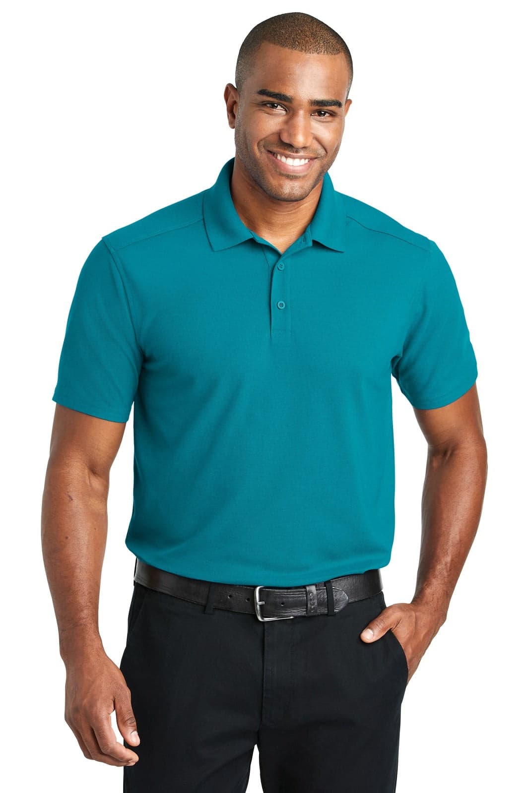 A man wearing a teal polo shirt, featuring a collar, short sleeves, and a logo on the chest.