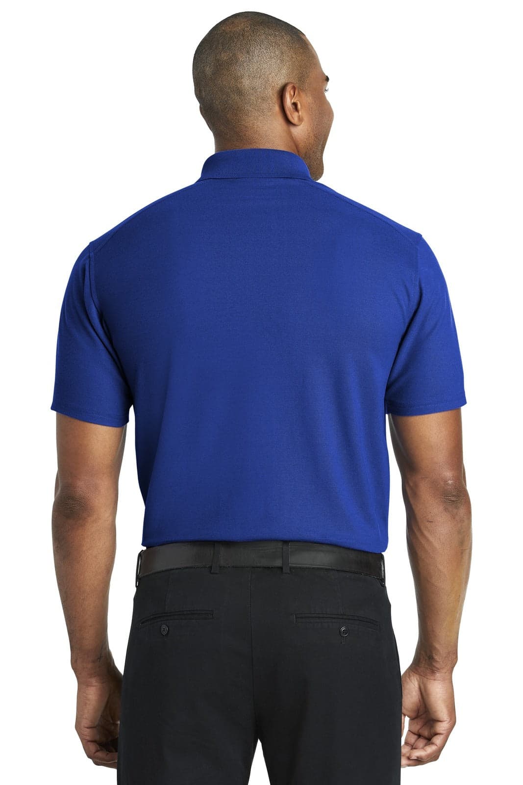 A blue polo shirt with short sleeves, featuring a logo, viewed from the back.