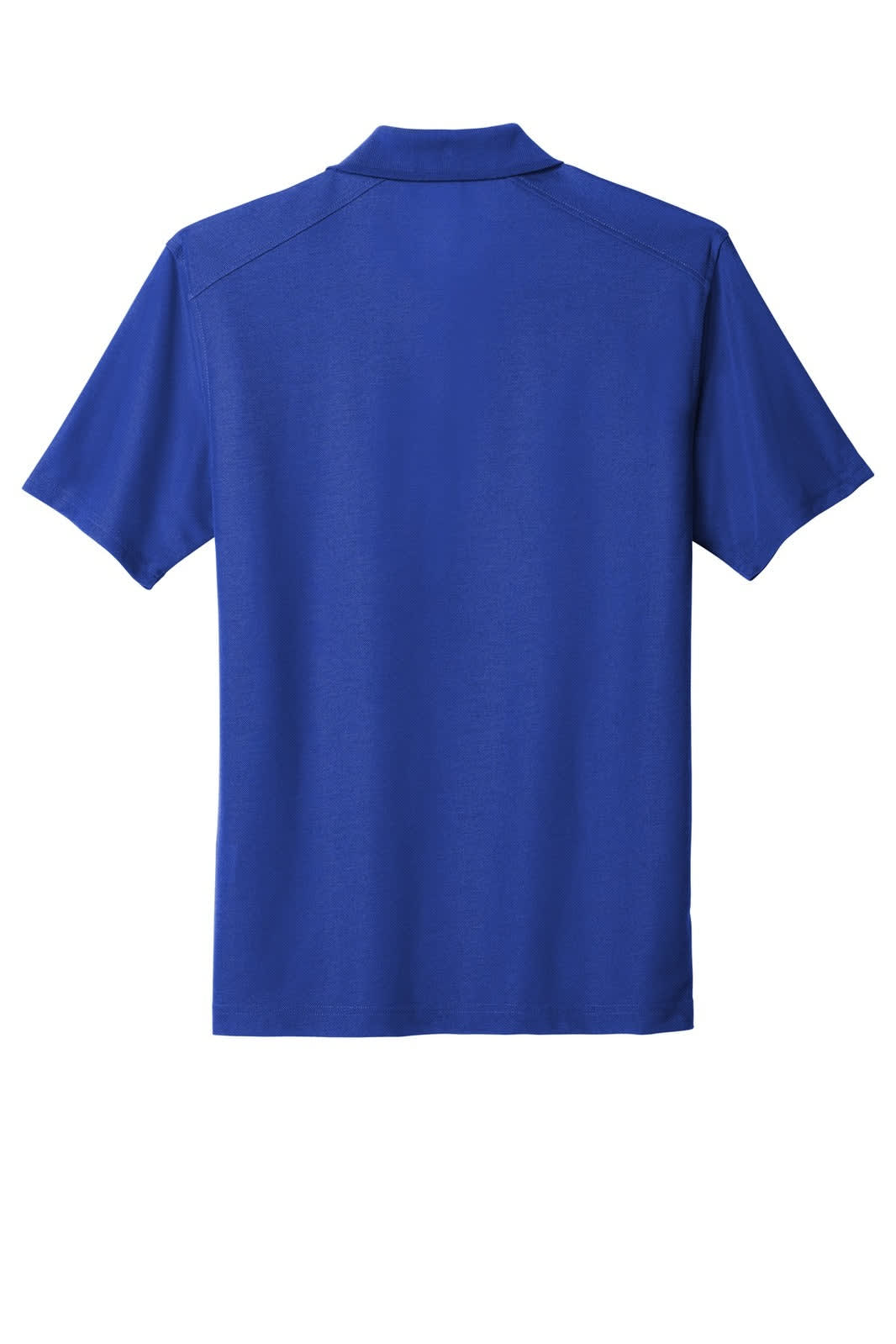 A blue polo shirt with a classic collar and short sleeves, featuring a logo on the back.