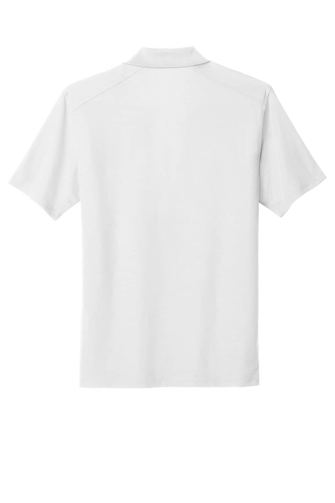 A plain white polo shirt with short sleeves, featuring a collar and no visible branding on the back.