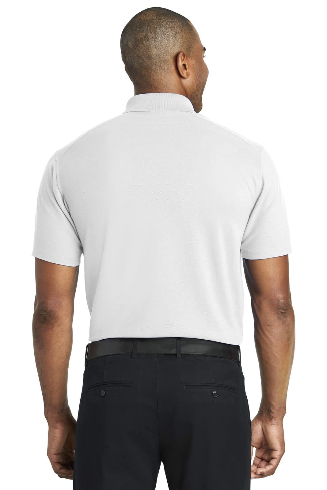 A grey polo shirt seen from the back, featuring a collar and short sleeves, with a logo on the chest.