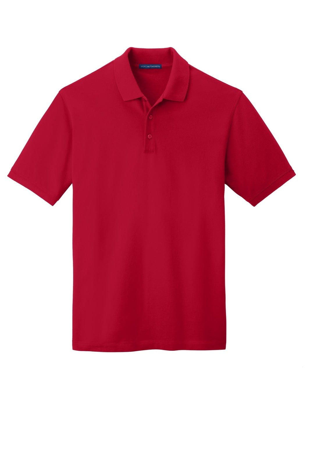 A red polo shirt with a collar and short sleeves, featuring a logo on the upper part.
