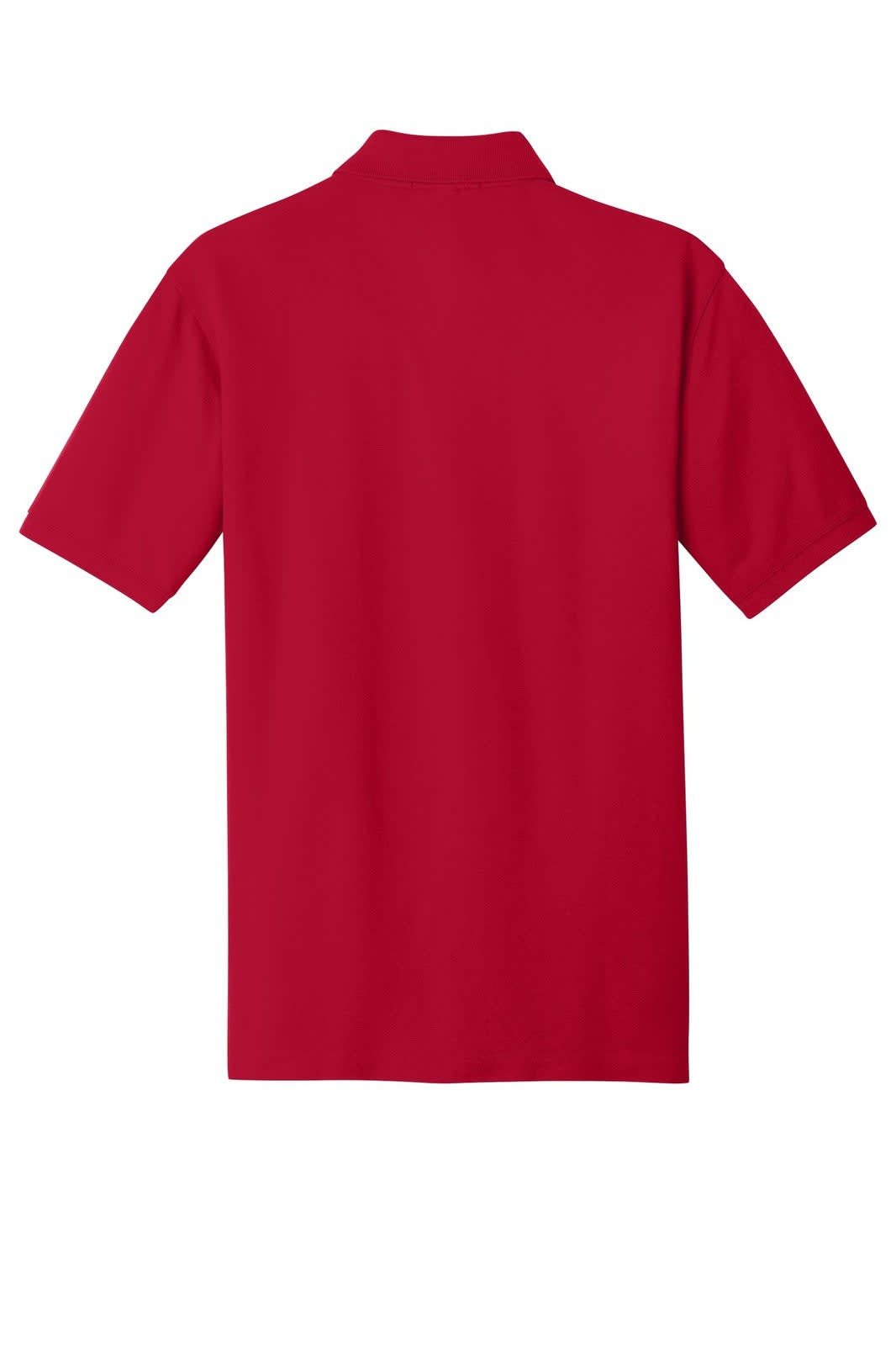 A red polo shirt with a classic collar and short sleeves, featuring a logo on the back.
