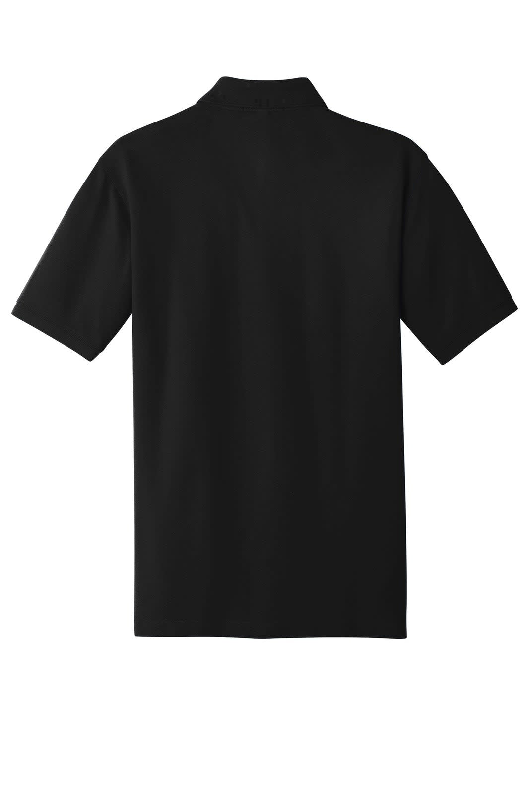 A black polo shirt featuring a classic collar and short sleeves, with a logo on the front.