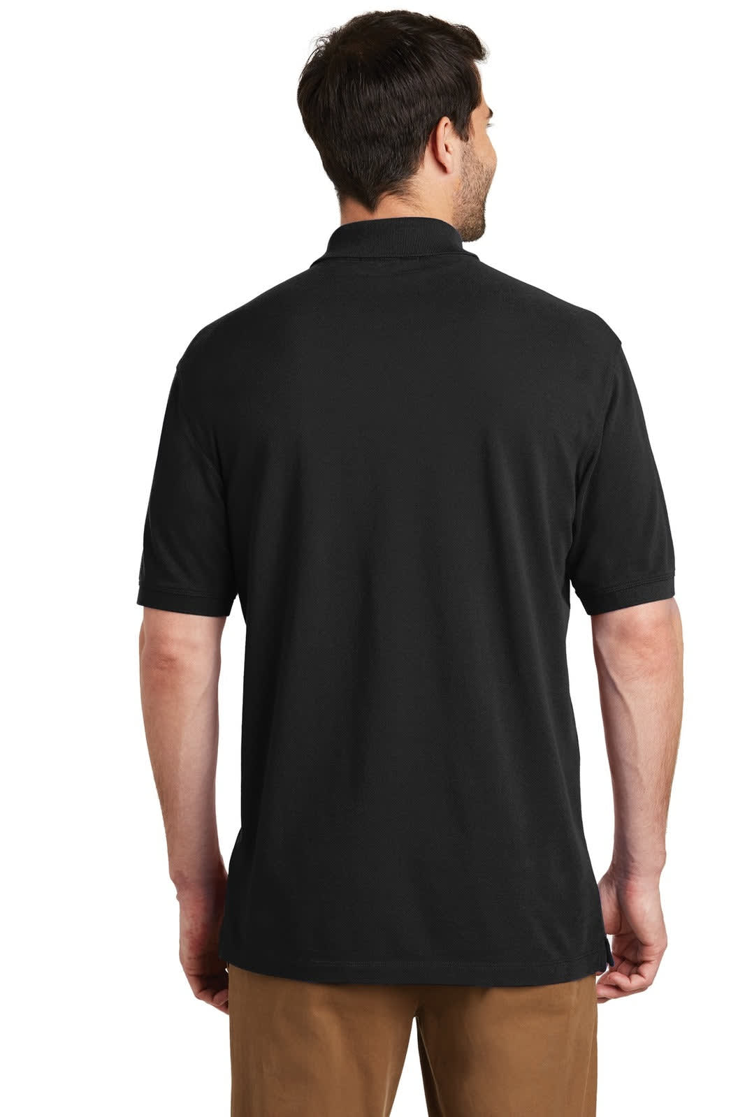 A black Port Authority EZCotton polo shirt shown from the back, featuring a collar and short sleeves.