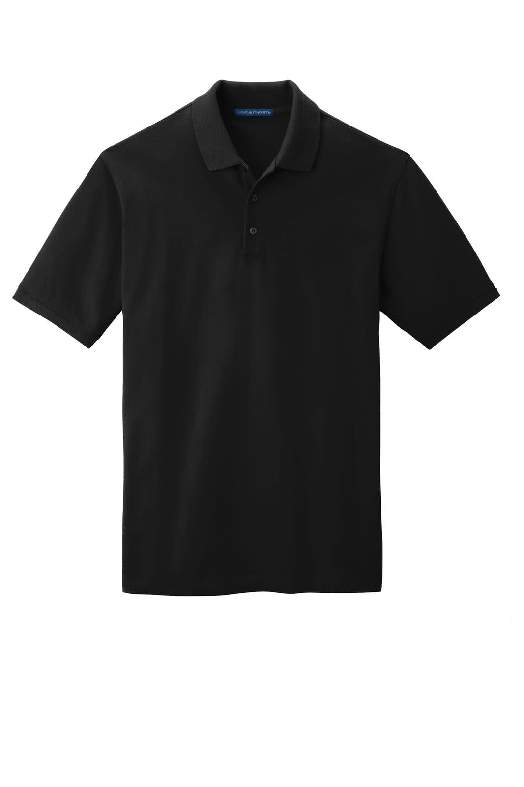 A black polo shirt featuring a collar, short sleeves, and a subtle logo.