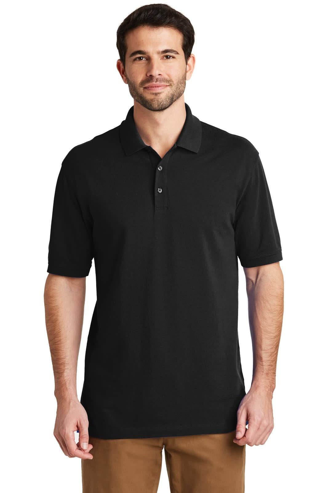 A black polo shirt with a collar and four buttons, featuring a logo on the chest.