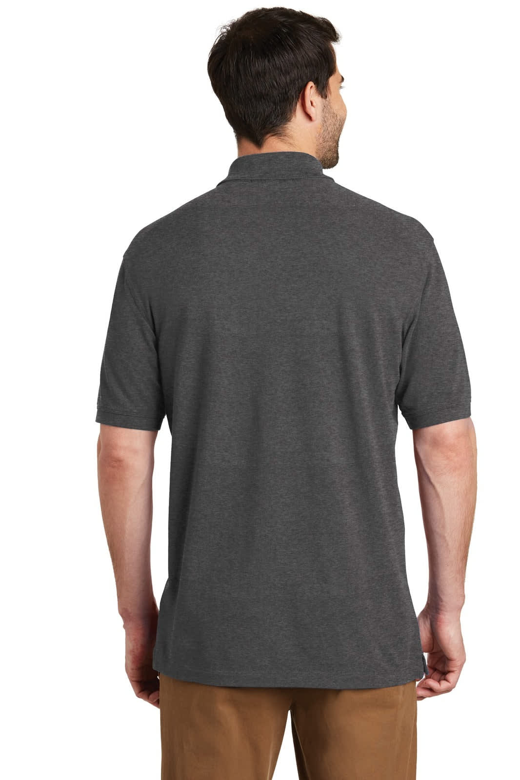 A man wearing a grey Port Authority EZCotton Polo shirt, viewed from the back. The shirt has a logo on the sleeve.