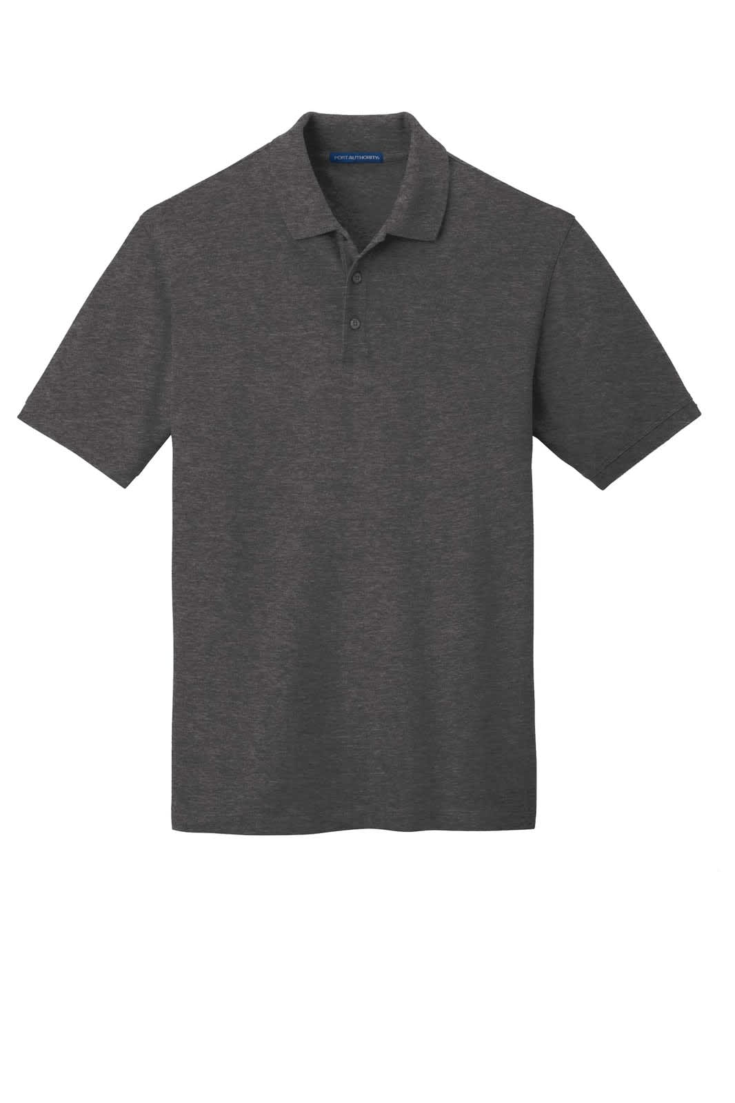 A dark grey polo shirt with a collared neckline and short sleeves, featuring a logo on the left side.