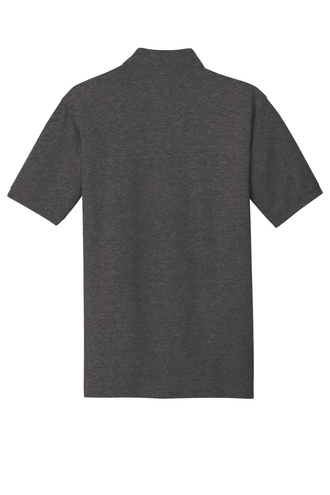 A grey Port Authority EZCotton polo shirt with a short sleeve and a collar. It includes a logo on the back.