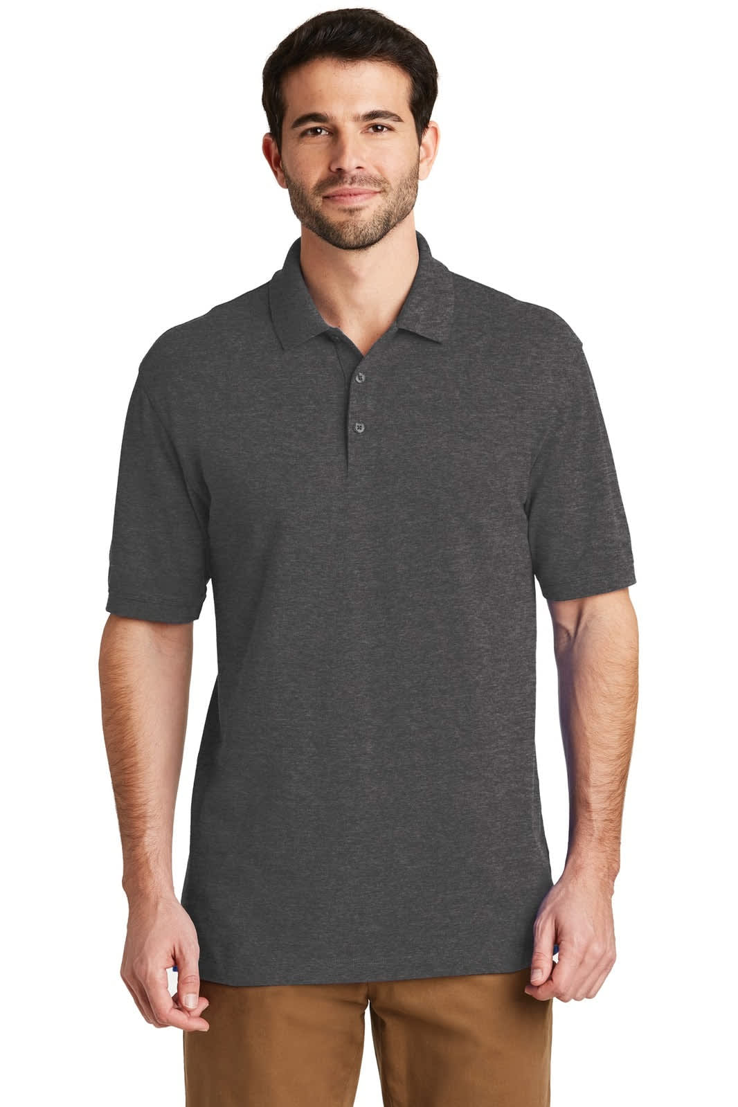 A man wearing a dark grey polo shirt with short sleeves and a collar, featuring a logo on the chest.