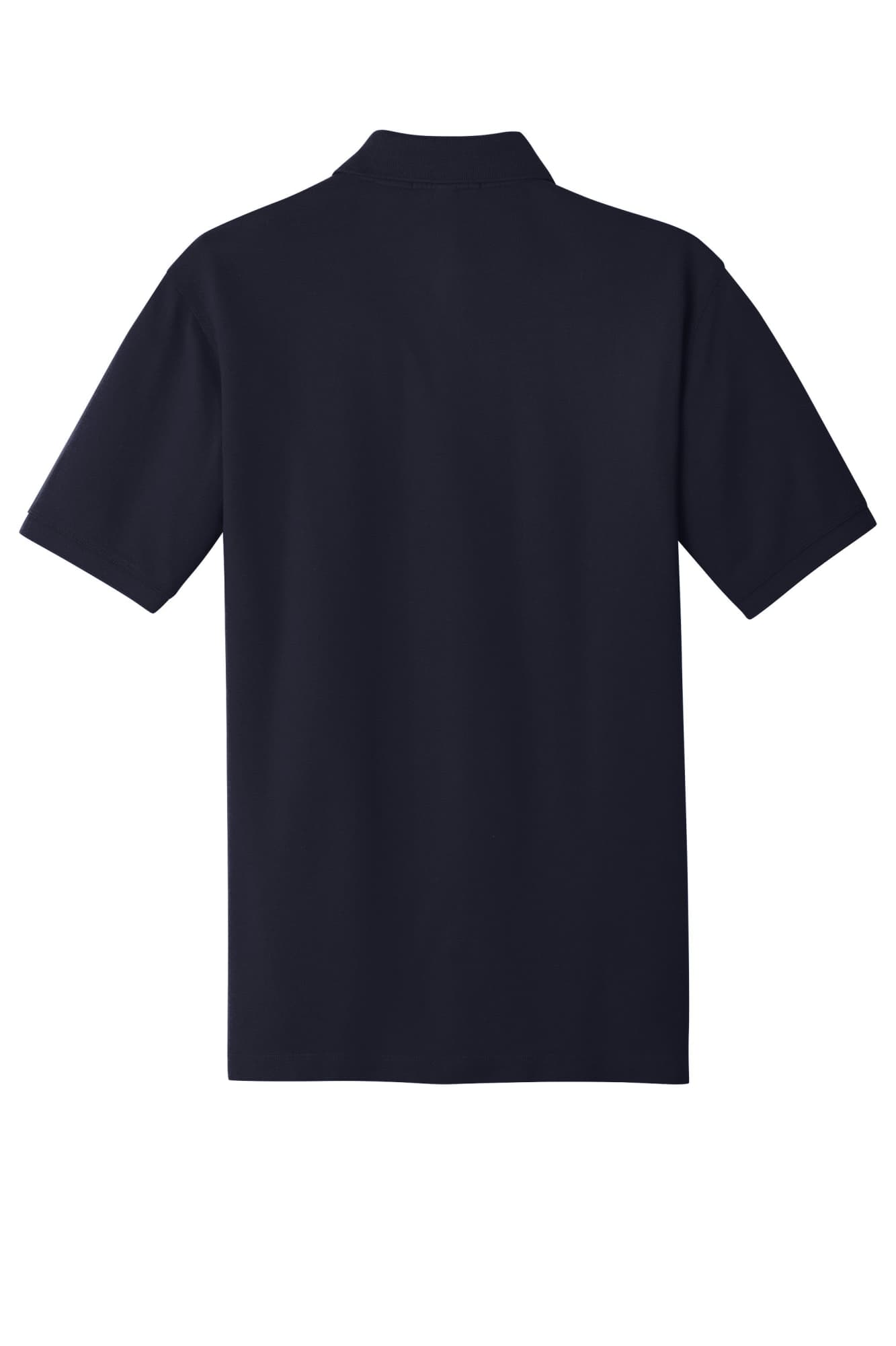 A navy blue polo shirt featuring a collared neckline and short sleeves, with a branding logo.