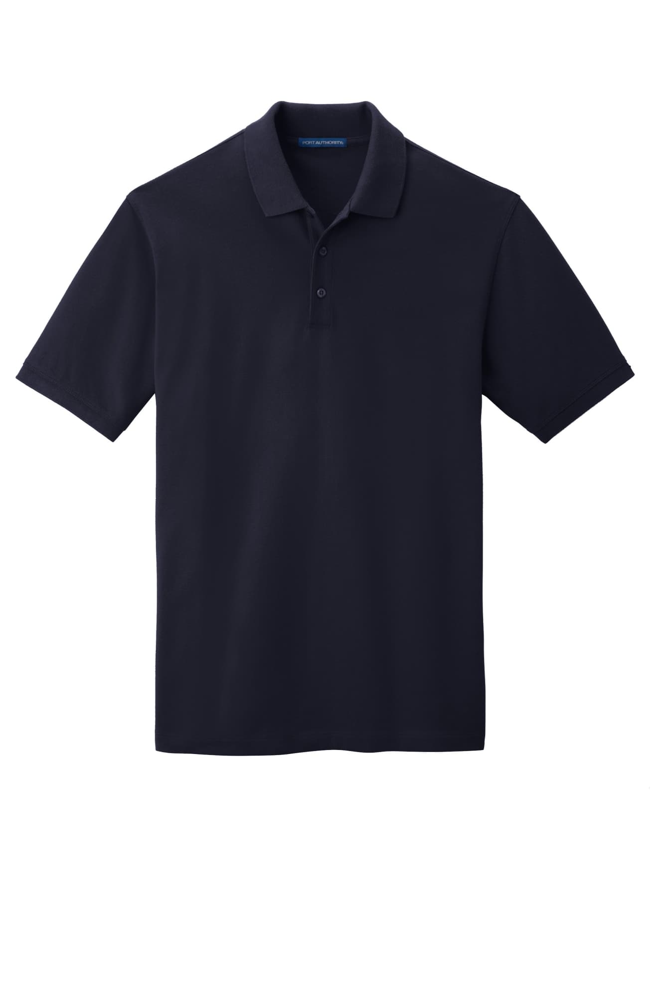 A dark navy polo shirt with a collar and short sleeves, featuring a logo on the chest.