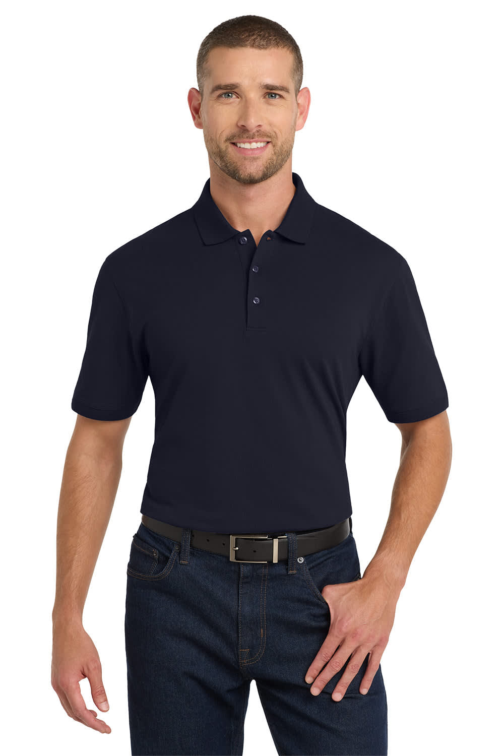 A navy blue polo shirt with a collar and buttons, featuring a logo. The model is wearing it with jeans and a belt.