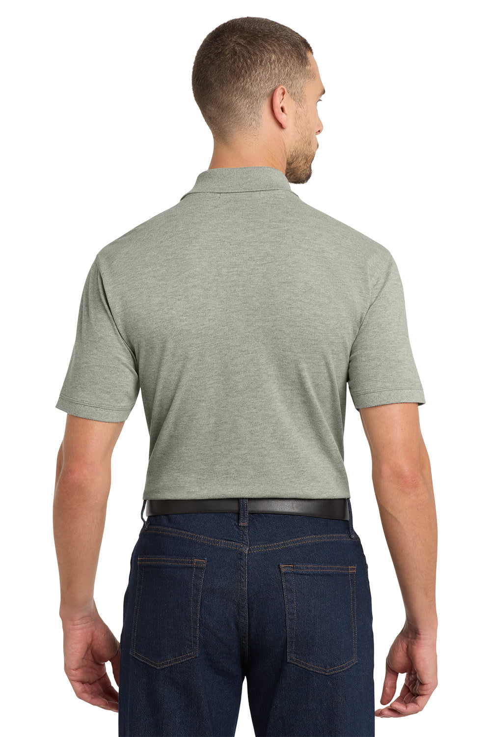 A grey polo shirt is worn by a man from the back, featuring a short collar and a discreet logo.