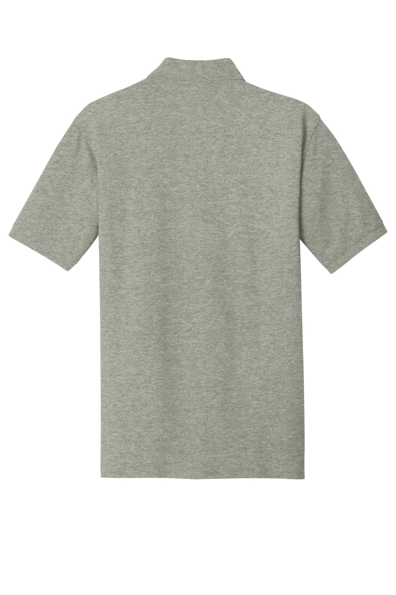 A grey polo shirt with short sleeves, featuring a collar and a logo.